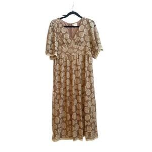 Bella Ella Rose Brown Floral Lace Overlay Pocket Midi Cottagecore Boho Dress